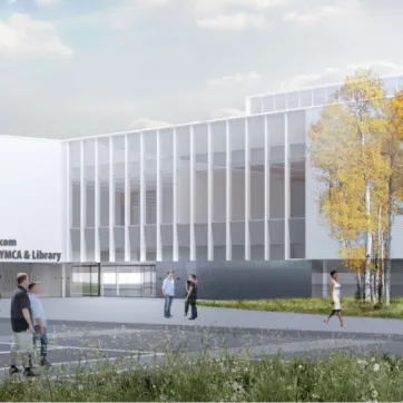 A rendering of the exterior of StarTech.com Community Centre, YMCA, & Library